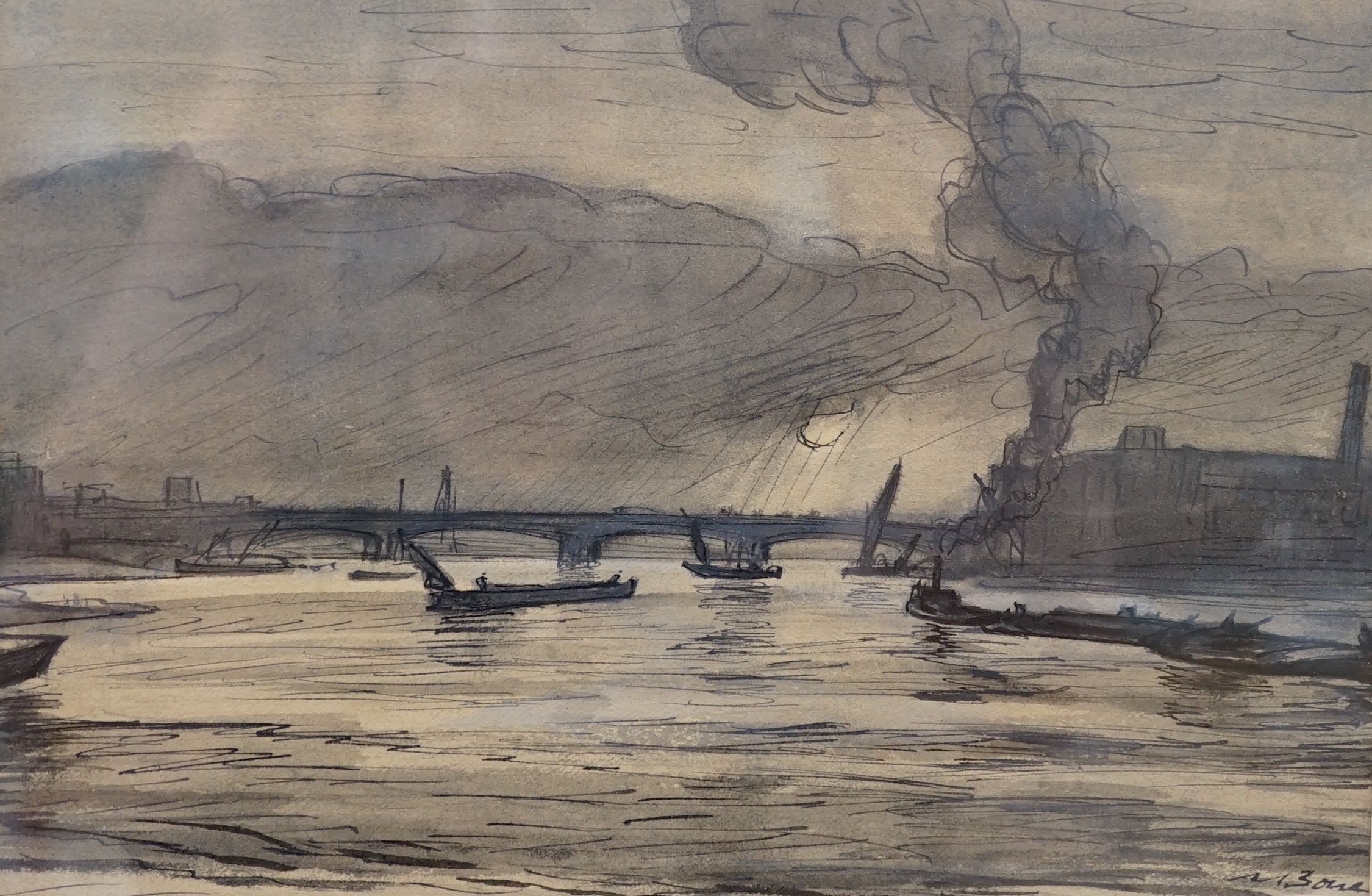 Sir Muirhead Bone (1876-1953), The Thames at Vauxhall, ink and wash, signed, 15.5 x 25cm